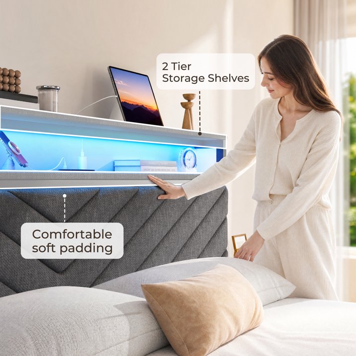 Fluest Queen Bed Frame with Upholstered Headboard, USB Port and LED Light, 2 Storage Drawers, Linen Gray