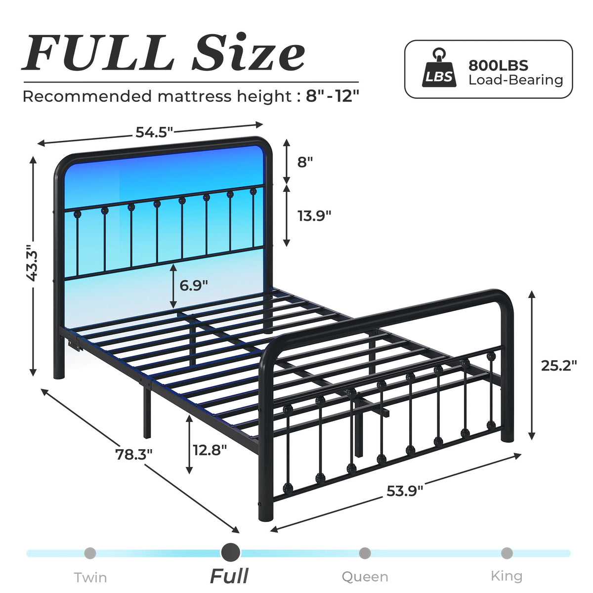 Fluest Full Bed Frame, Classic Metal Platform Bed Frame, with Charging Station and LED, No Need for Springs, Black