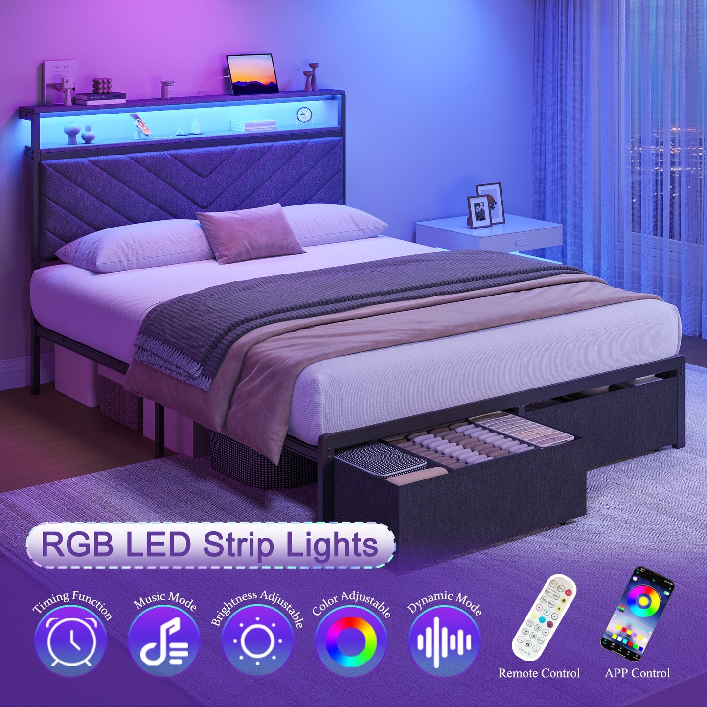 Full bed frame with charging station, LED lights, and storage drawers, with soft cushioned headboard, under bed storage space, easy to install, gray