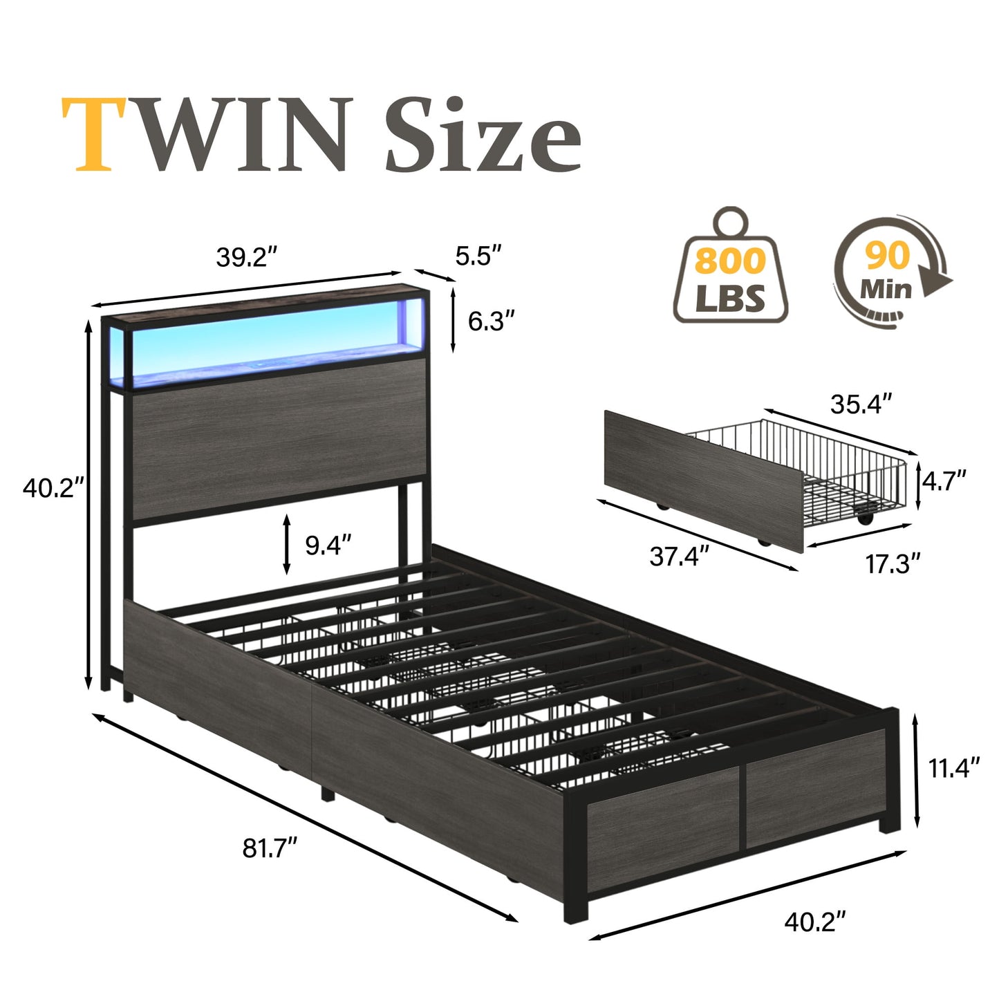 Fluest Twin Bed Frame with 2-Tier Storage Headboard, USB Port and LED Light, 4 Storage Drawers, Gray