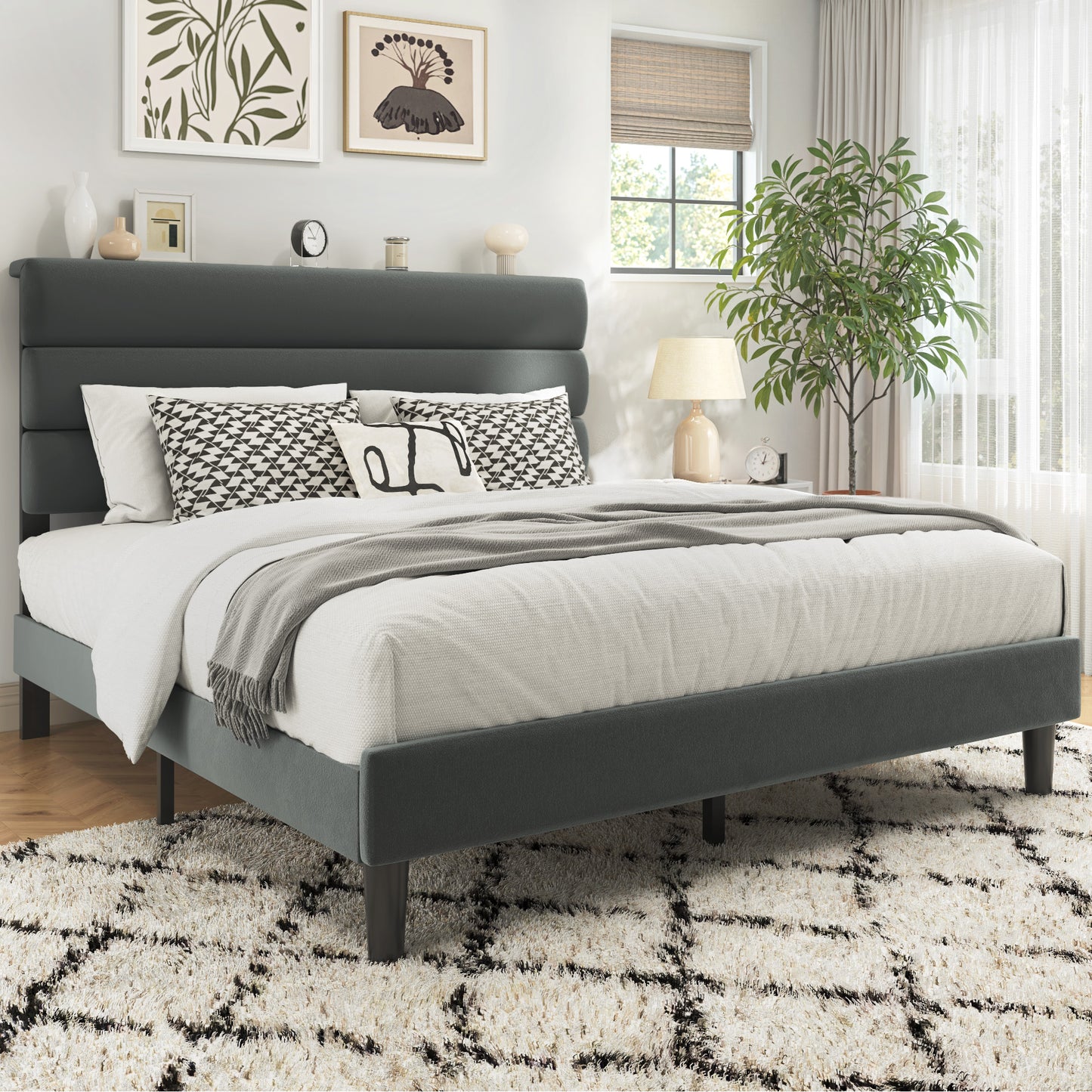 Fluest Bed Frame, Platform Bed Frame with Velvet Upholstered Headboard, No Box Spring Needed, Sturdy Metal Support, Noise Free, Easy Assembly, Modern Bedroom Furniture