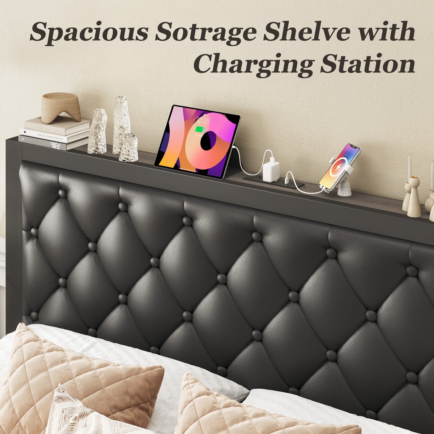 Queen Bed Frame with 2 Storage Drawers, Upholstered Headboard Button Tufted Bed Frame with Charging Station, No Box Spring Needed, Noise-Free, All Metal Structure, Black