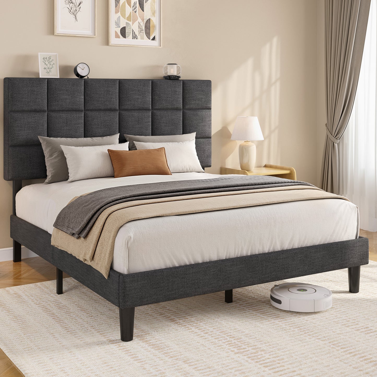 Fluest Platform Bed Frame with Linen Upholstered Adjustable Tall Headboard, No Box Spring Needed, Anti-Noise EVA Sponge, Easy Assembly, One-Box Shipping, 7.5 Inch Under Bed Storage