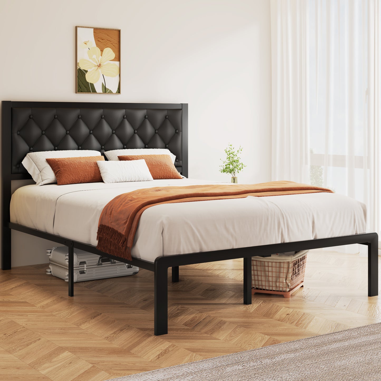 Bed Frame with Headboard PU Leather Upholstered, All Metal Slats Support Platform, Queen, Black