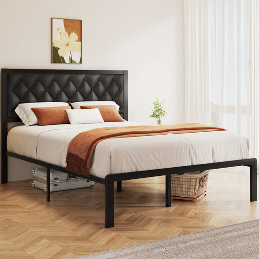 Bed Frame with Headboard PU Leather Upholstered, All Metal Slats Support Platform, Queen, Black