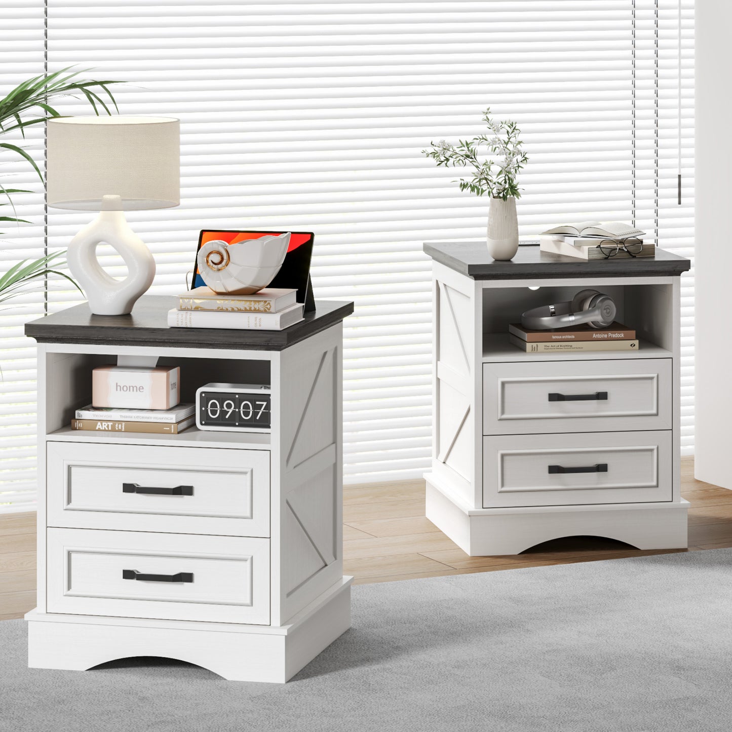 Fluest 24” Tall Farmhouse Nightstands, Night Stands with Charging Station, Beside Tables with Drawers and Open Storage, Rustic End Tables for Bedroom, Antique White/Black