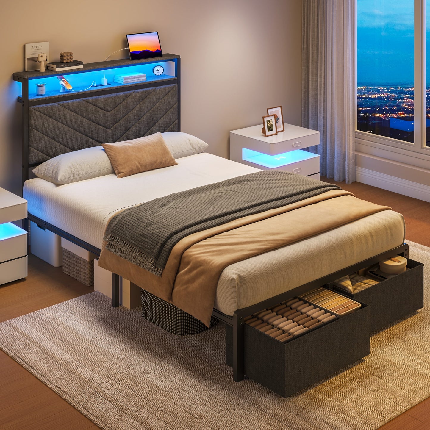 Fluest Twin Bed Frame with 2-Tier Storage Headboard, USB Port and LED Light, 2 Storage Drawers, Gray