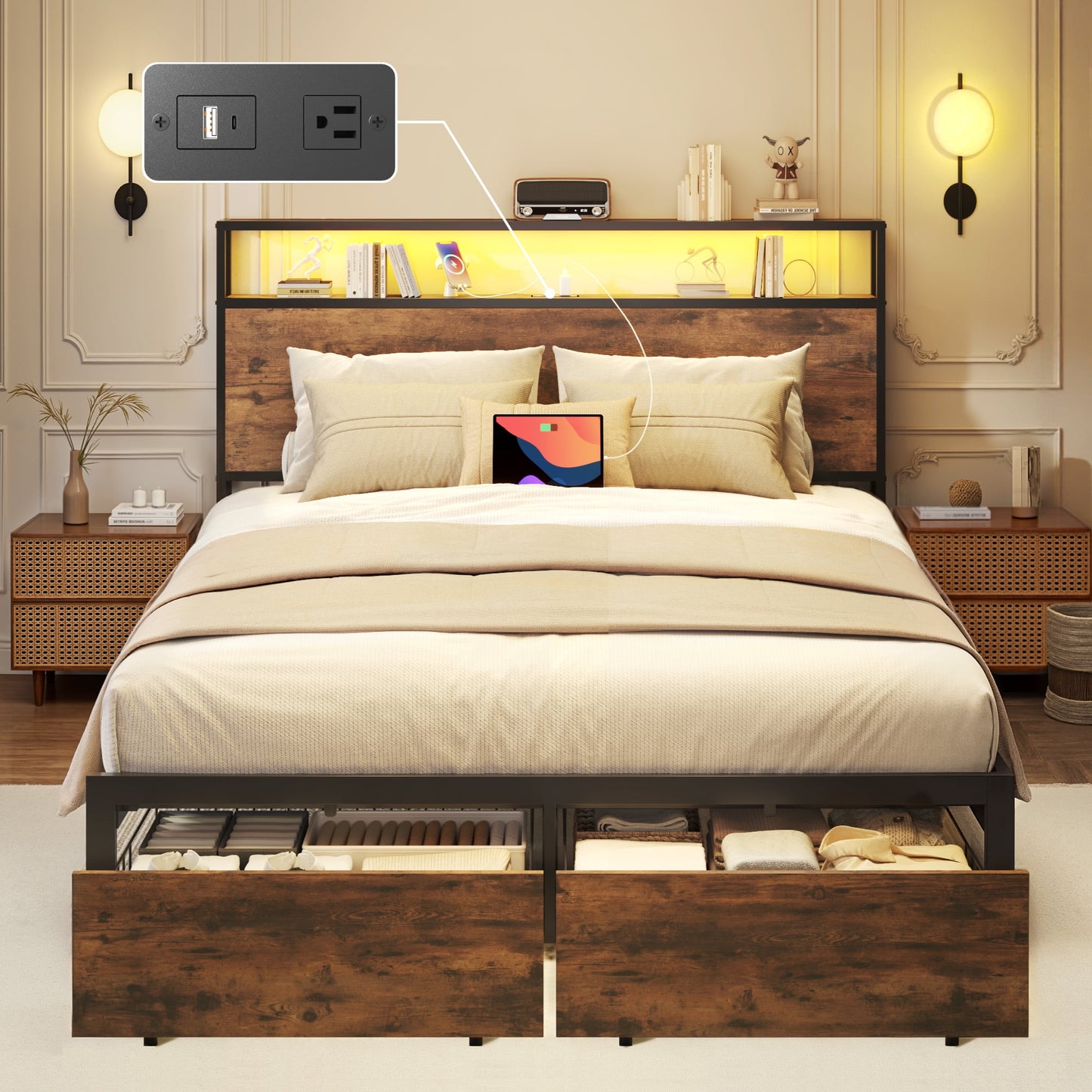 Full Bed Frame with Headboard and Storage,2-Tier Storage Headboard & Foot-Board Drawers, Rustic Brown