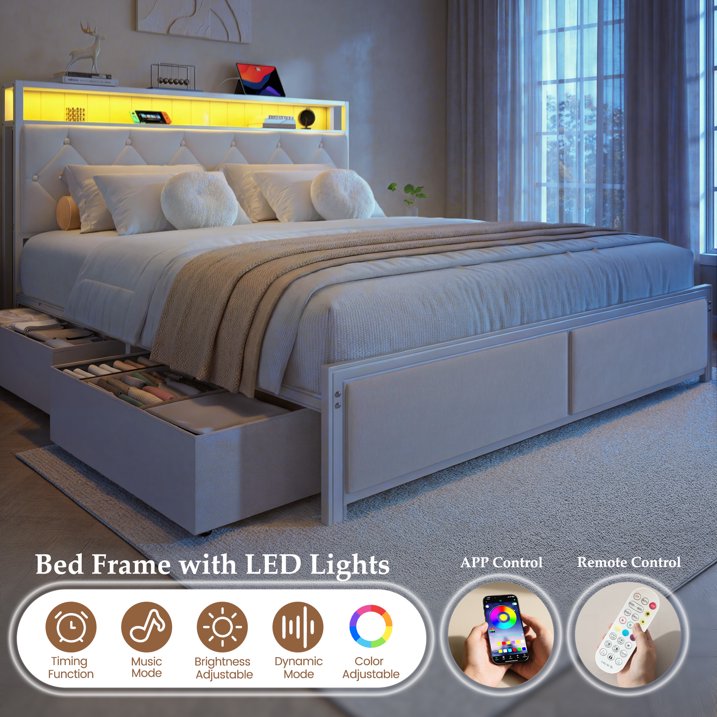 Fluest Queen Size Bed Frame, Upholstered Storage Headboard, 4 Fabric Drawers, Fast Charging Station, LED Lights, Beige, No Box Spring Needed, Easy Assembly