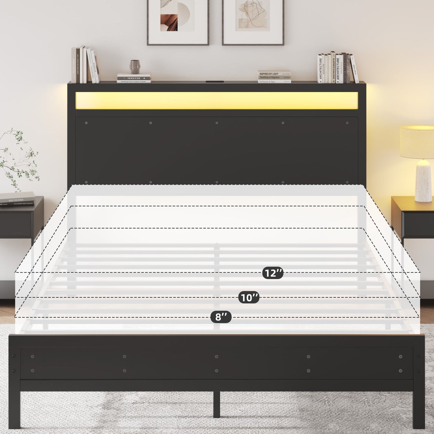 Queen Bed Frame with LED Headboard & Charging Station, Noise-Free, No Box Spring Needed, Classic Black