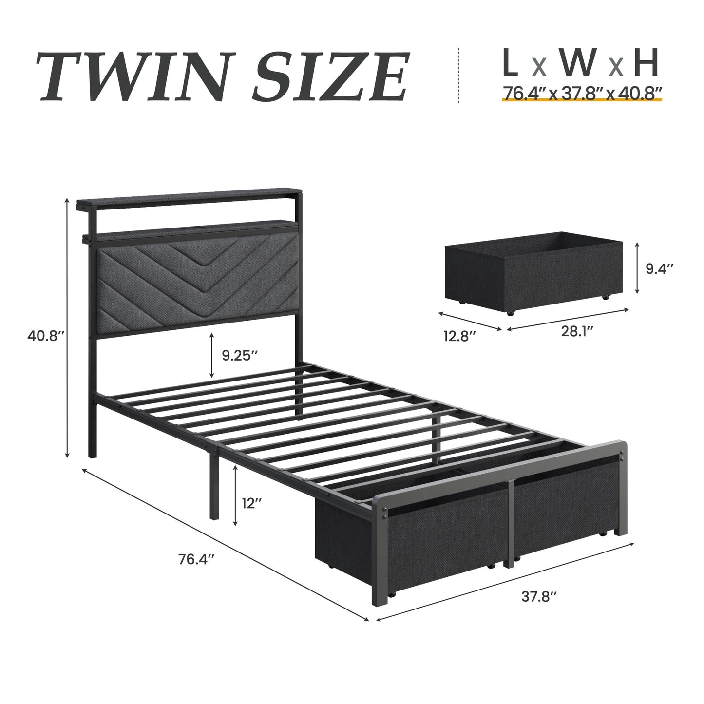 Fluest Twin Bed Frame with 2-Tier Storage Headboard, USB Port and LED Light, 2 Storage Drawers, Gray