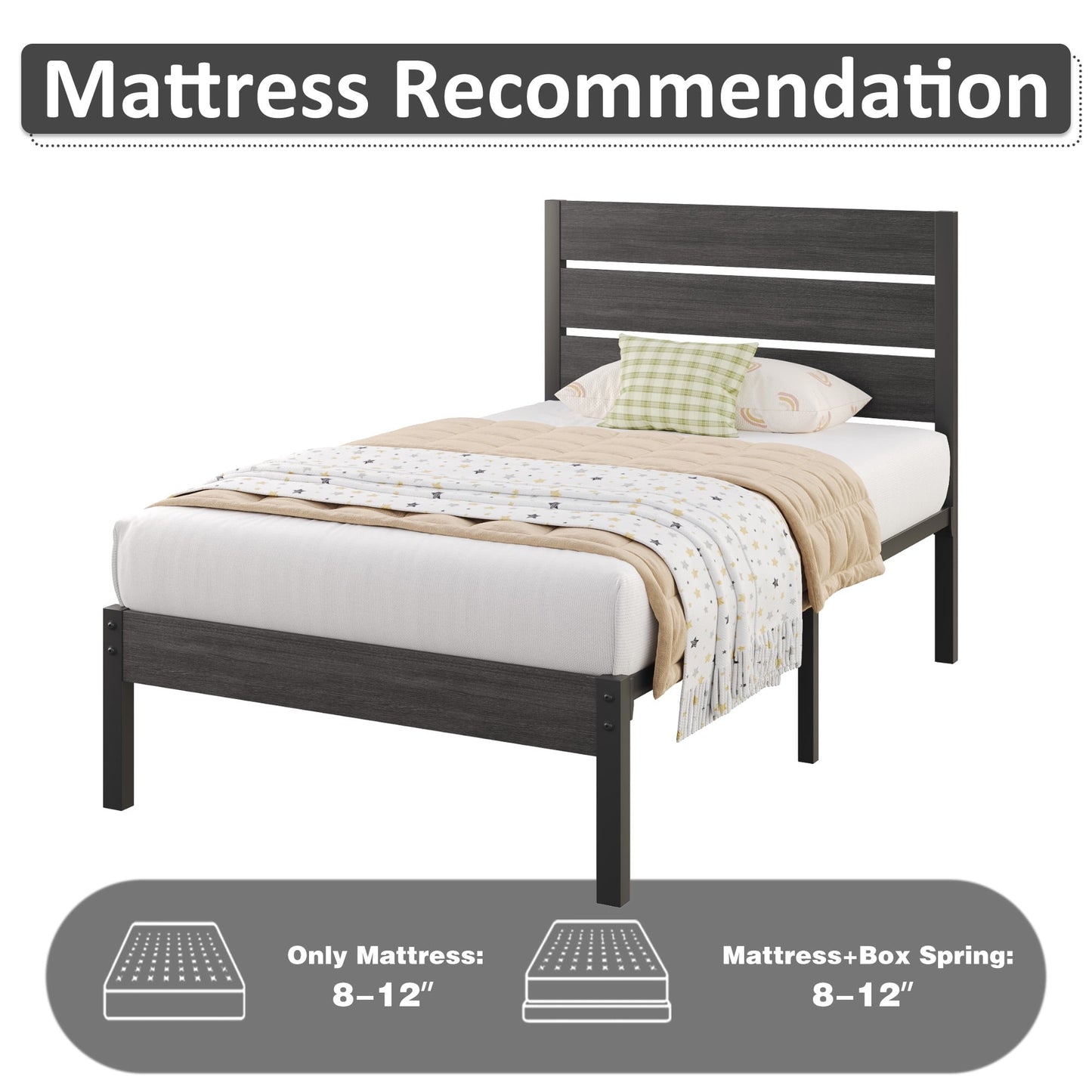 Fluest Twin Bed Frame with Rustic Vintage Wood Headboard and Footboard, Grey