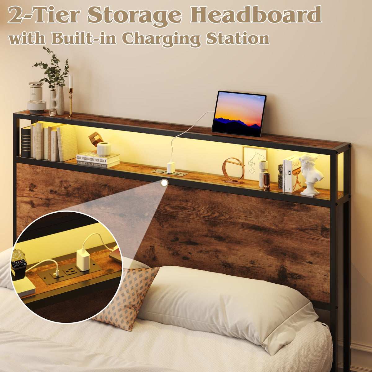 Fluest Full Bed Frame with 2-Tier Storage Headboard, USB Port and LED Light, 4 Storage Drawers,Retro Brown