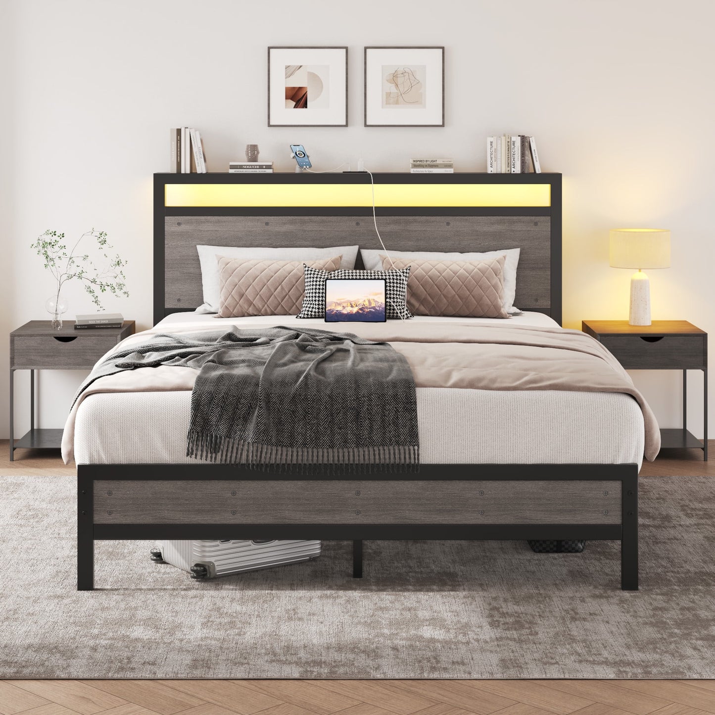 Queen Bed Frame with LED Headboard & Charging Station, Noise-Free, No Box Spring Needed, Rustic Grey