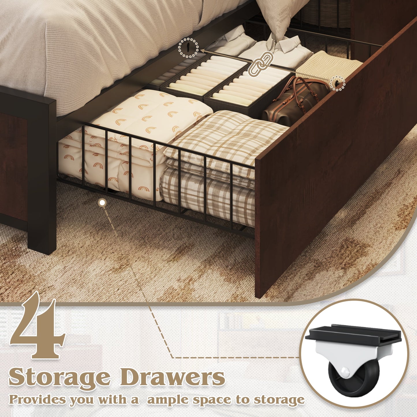 Fluest Full Bed Frame with 2-Tier Storage Headboard, USB Port and LED Light, 4 Storage Drawers, Rustic Brown