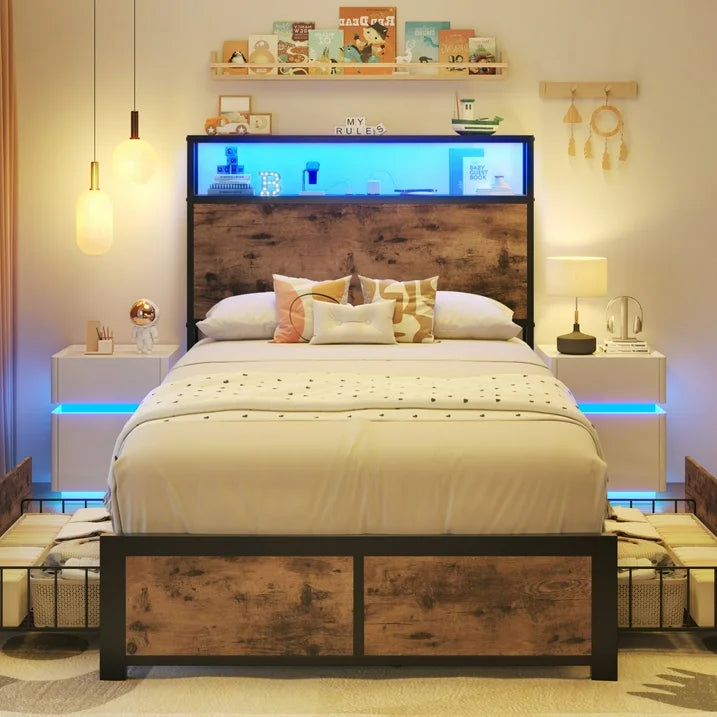 Fluest Twin Bed Frame with 2-Tier Storage Headboard, USB Port and LED Light, 4 Storage Drawers, Brown