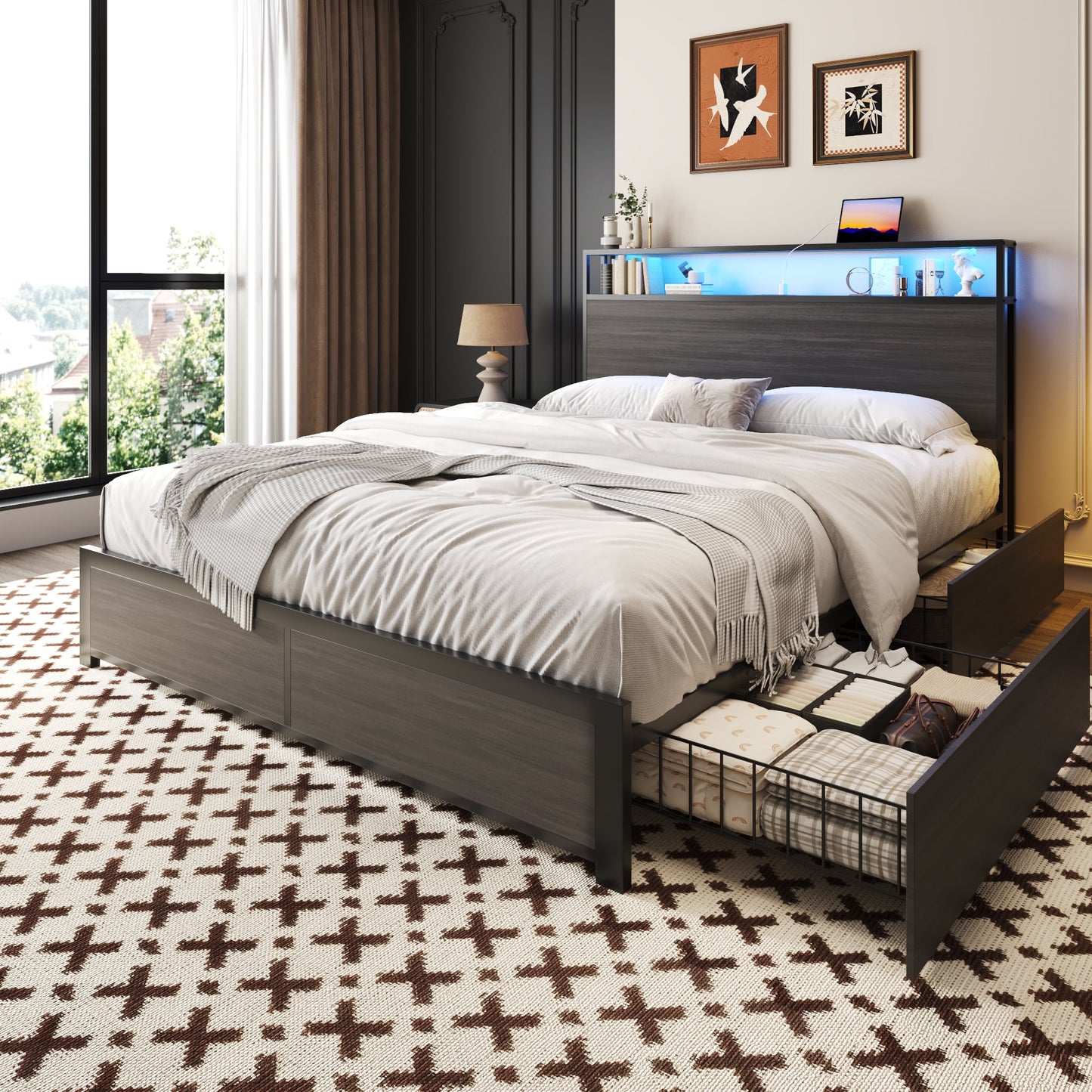 Fluest Full Bed Frame with 2-Tier Storage Headboard, USB Port and LED Light, 4 Storage Drawers, Grey