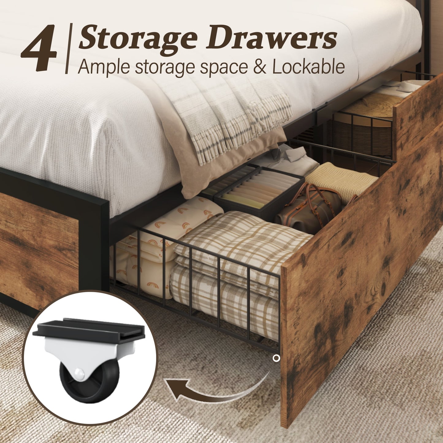 Fluest Queen Bed Frame with 2-Tier Storage Headboard, USB Port and LED Light, 4 Storage Drawers, Brown