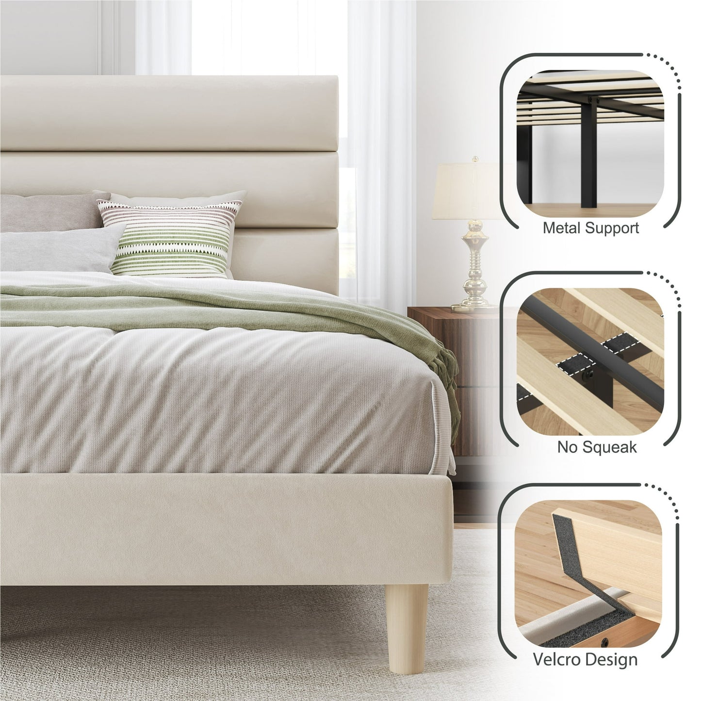 Fluest Queen Bed Frame with Velvet Upholstered Headboard, Metal Support, No Box Spring Needed, Noise Free, Easy Assembly, Beige