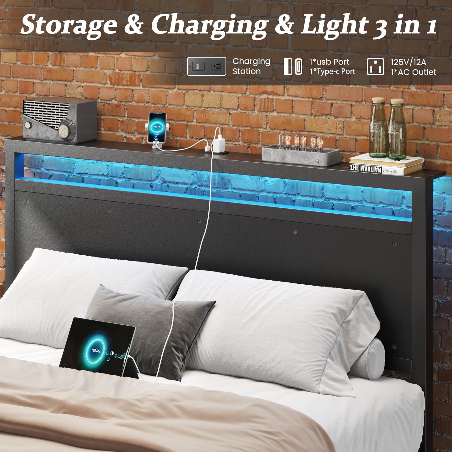 Fluest Iron Bed Frame, USB Port, LED Headboard, Noise-Free,Queen, Black