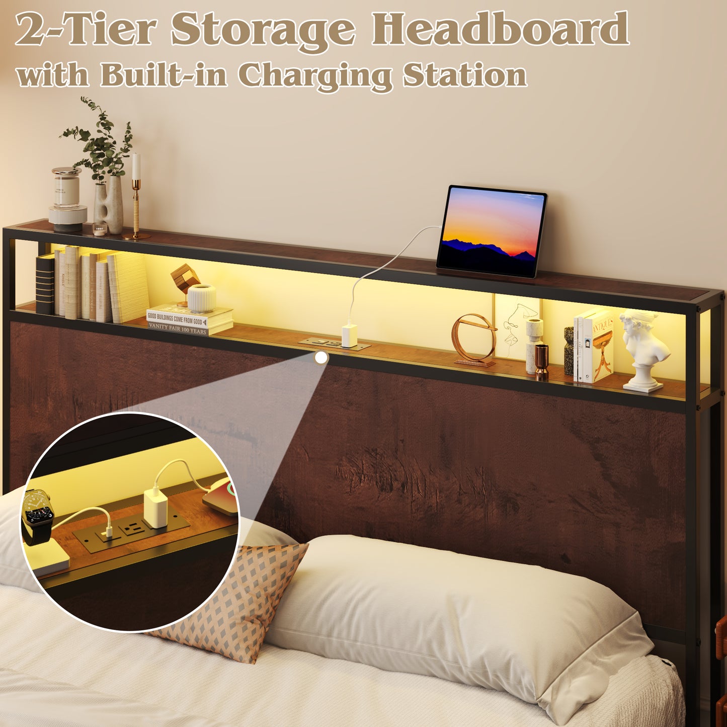 Metal Platform Bed Frame with 2-Tier Headboard,Queen,USB Port & LED Light, 4 Storage Drawers, No Box Spring Needed, Noise Free, Rustic Brown