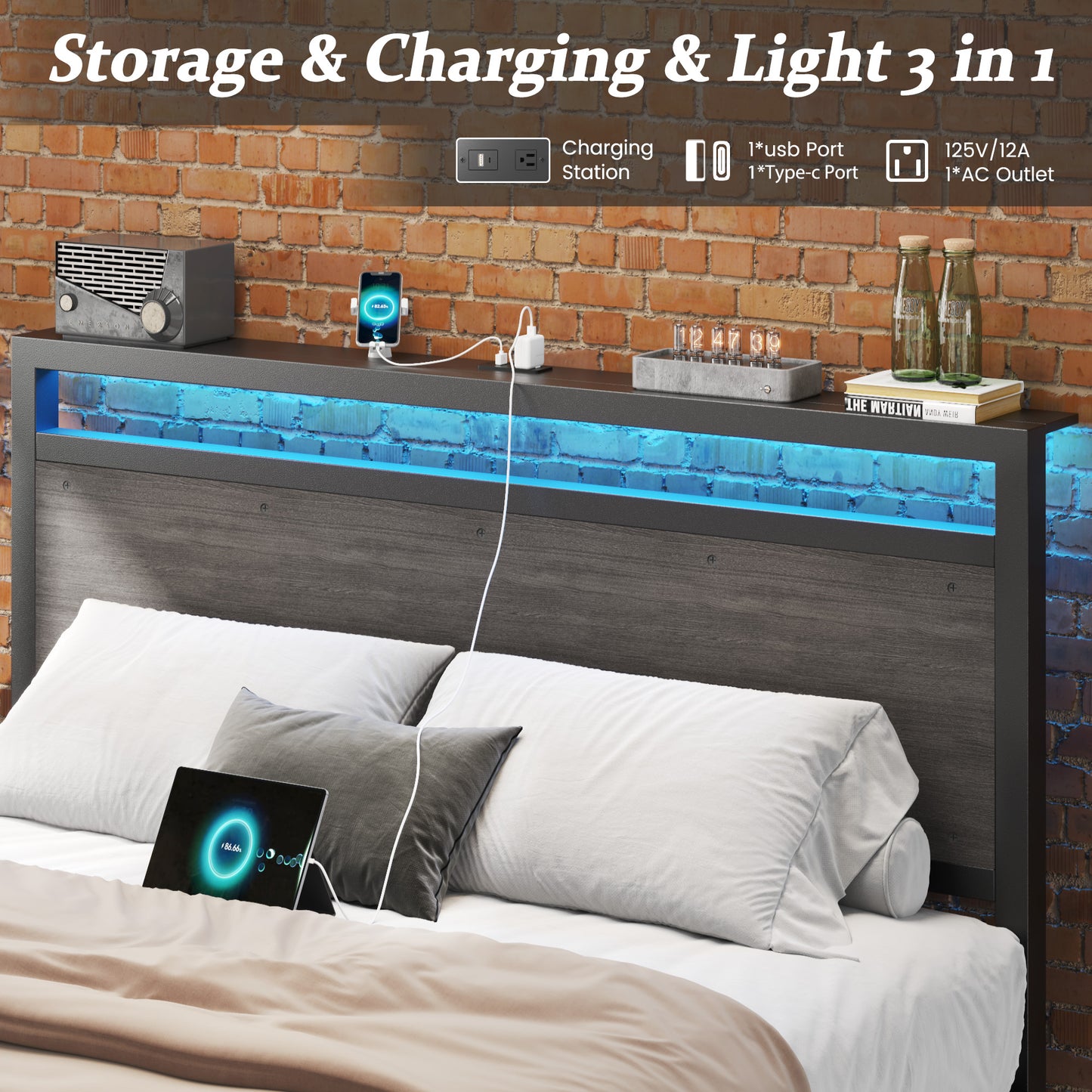Fluest Iron Wood Bed Frame, USB Port, LED Headboard, Noise-Free,Queen, Grey