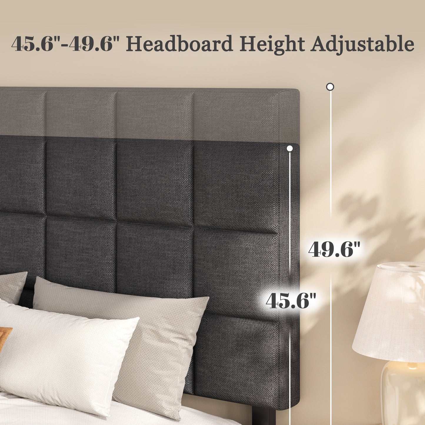 Fluest Platform Bed Frame with Linen Upholstered Adjustable Tall Headboard, No Box Spring Needed, Anti-Noise EVA Sponge, Easy Assembly, One-Box Shipping, 7.5 Inch Under Bed Storage