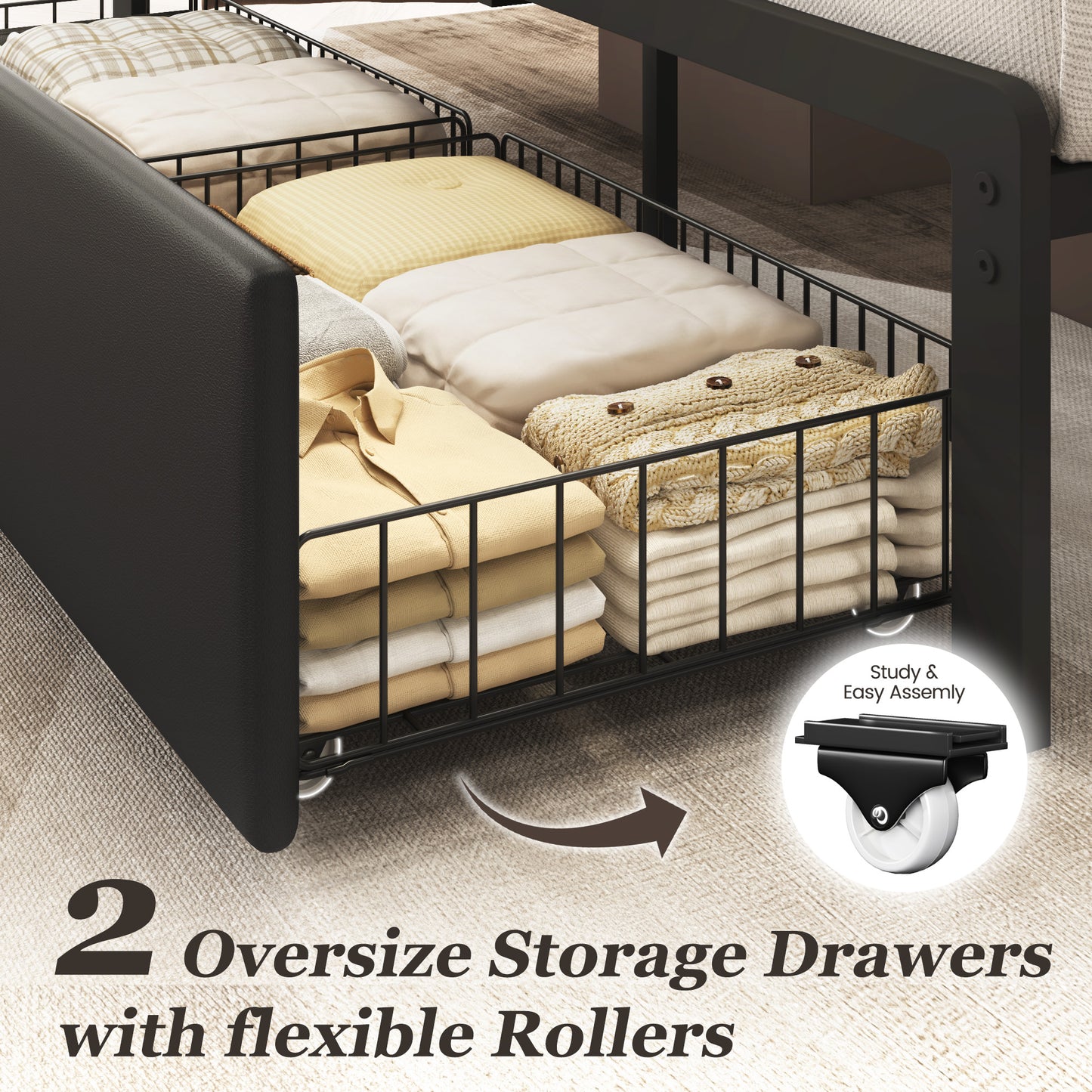 Queen Bed Frame with 2 Storage Drawers, Upholstered Headboard Button Tufted Bed Frame with Charging Station, No Box Spring Needed, Noise-Free, All Metal Structure, Black