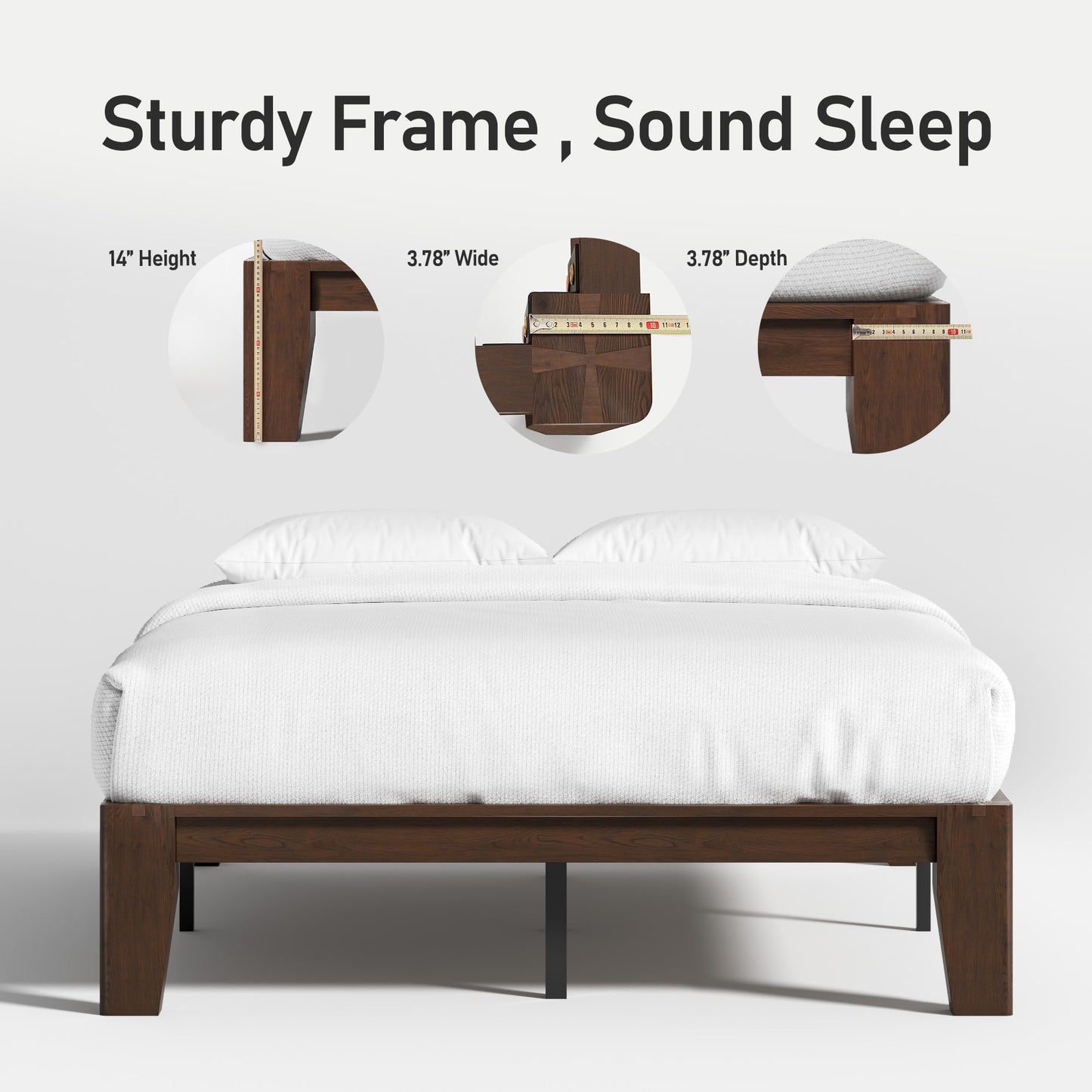 Queen Platform Bed Frame, Premium Solid Wood, Sturdy Structure, 3.78” Thickened Components & 14” Height Legs, Easy to Assemble, Mortise & Tenon Joints