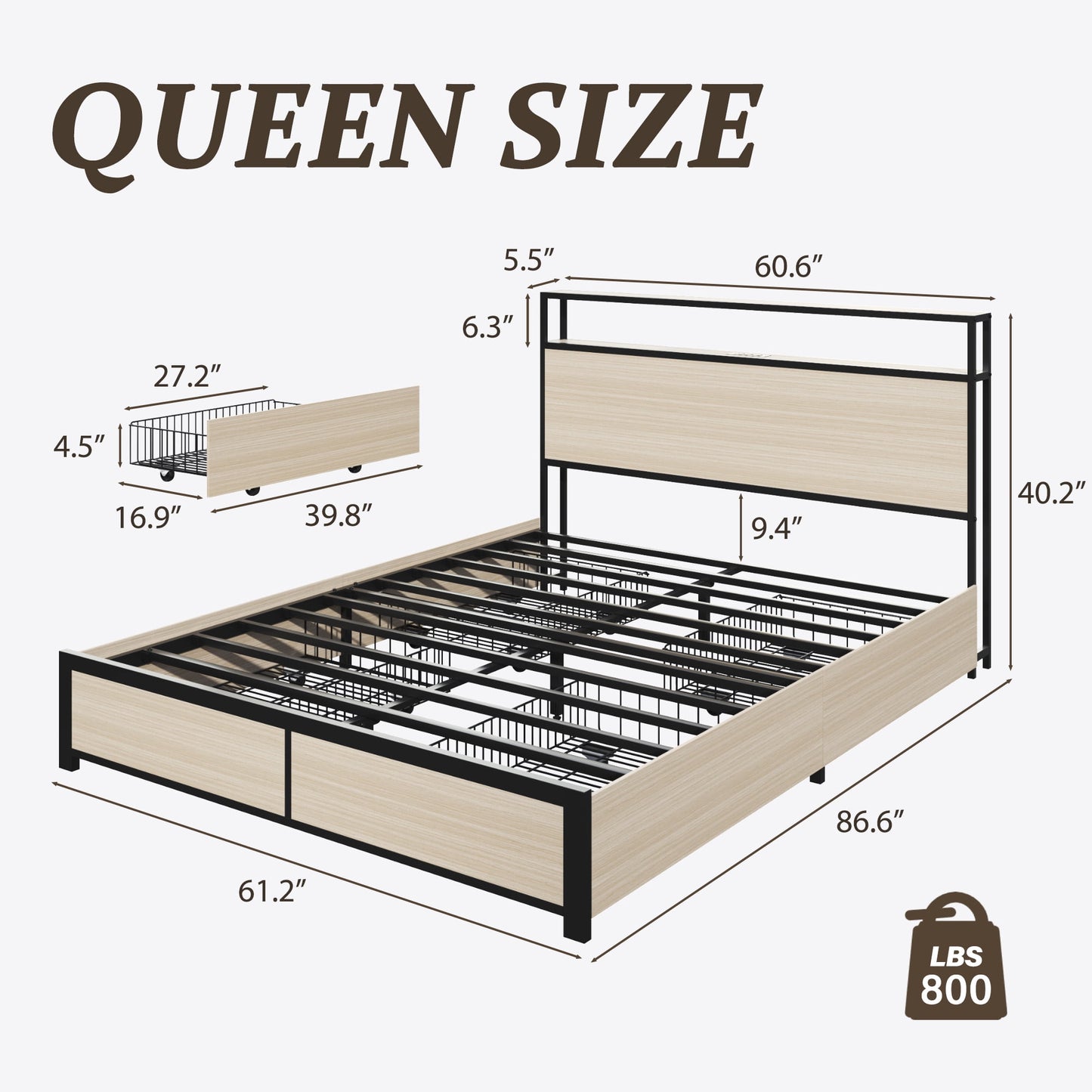 Queen Bed Frame with 2-Tier Headboard, Metal Support, USB Port & LED Light, 4 Storage Drawers, Begie