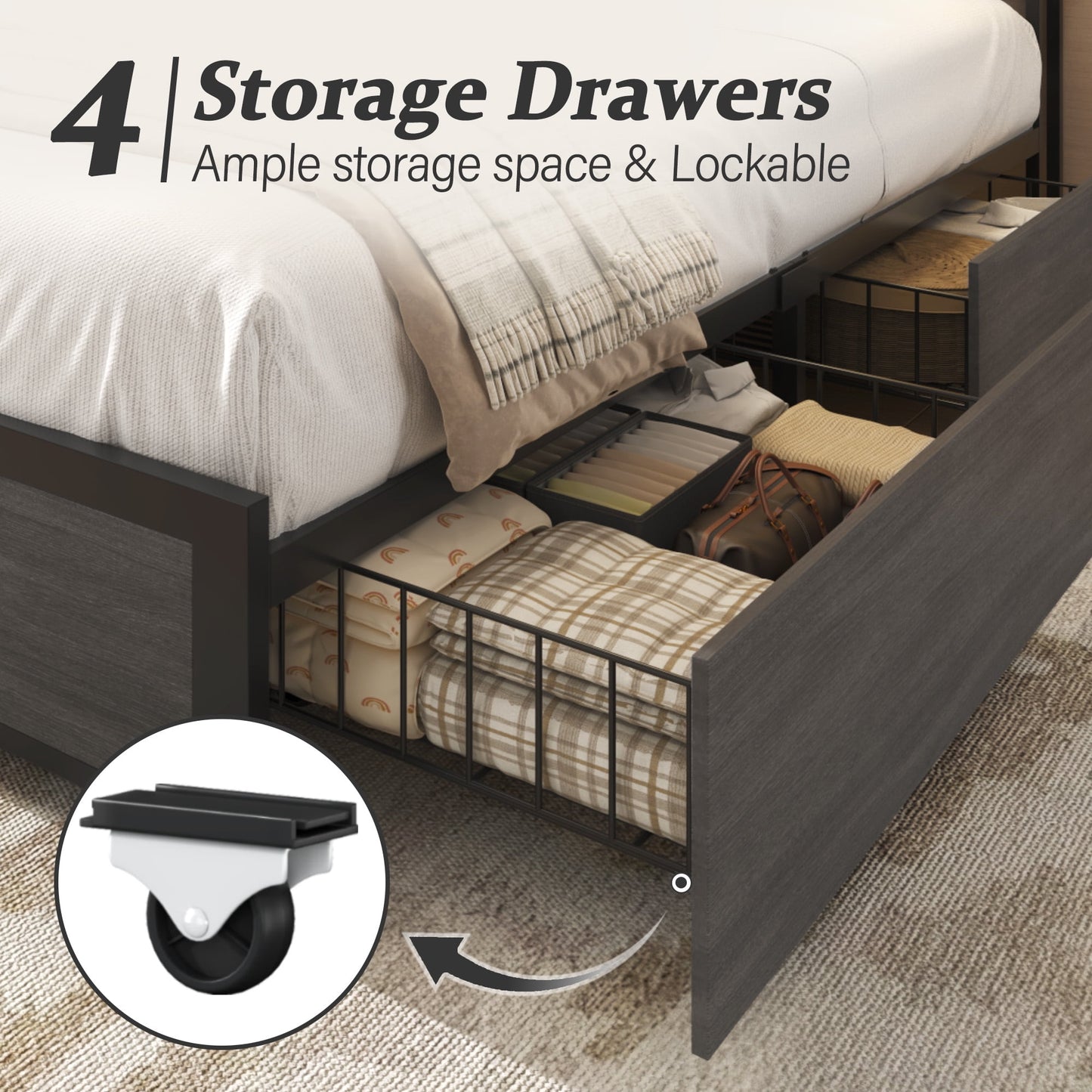 Fluest Queen Bed Frame with 2-Tier Headboard,Metal Support,USB Port & LED Light, 4 Storage Drawers, Grey