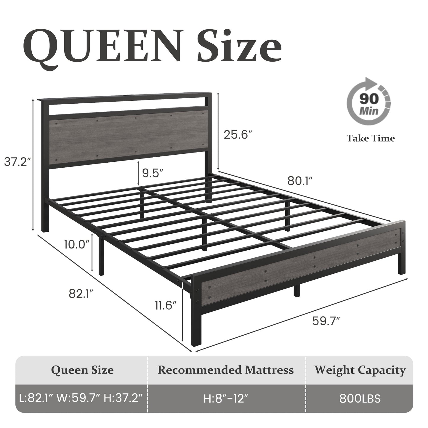 Queen Bed Frame with LED Headboard & Charging Station, Noise-Free, No Box Spring Needed, Rustic Grey