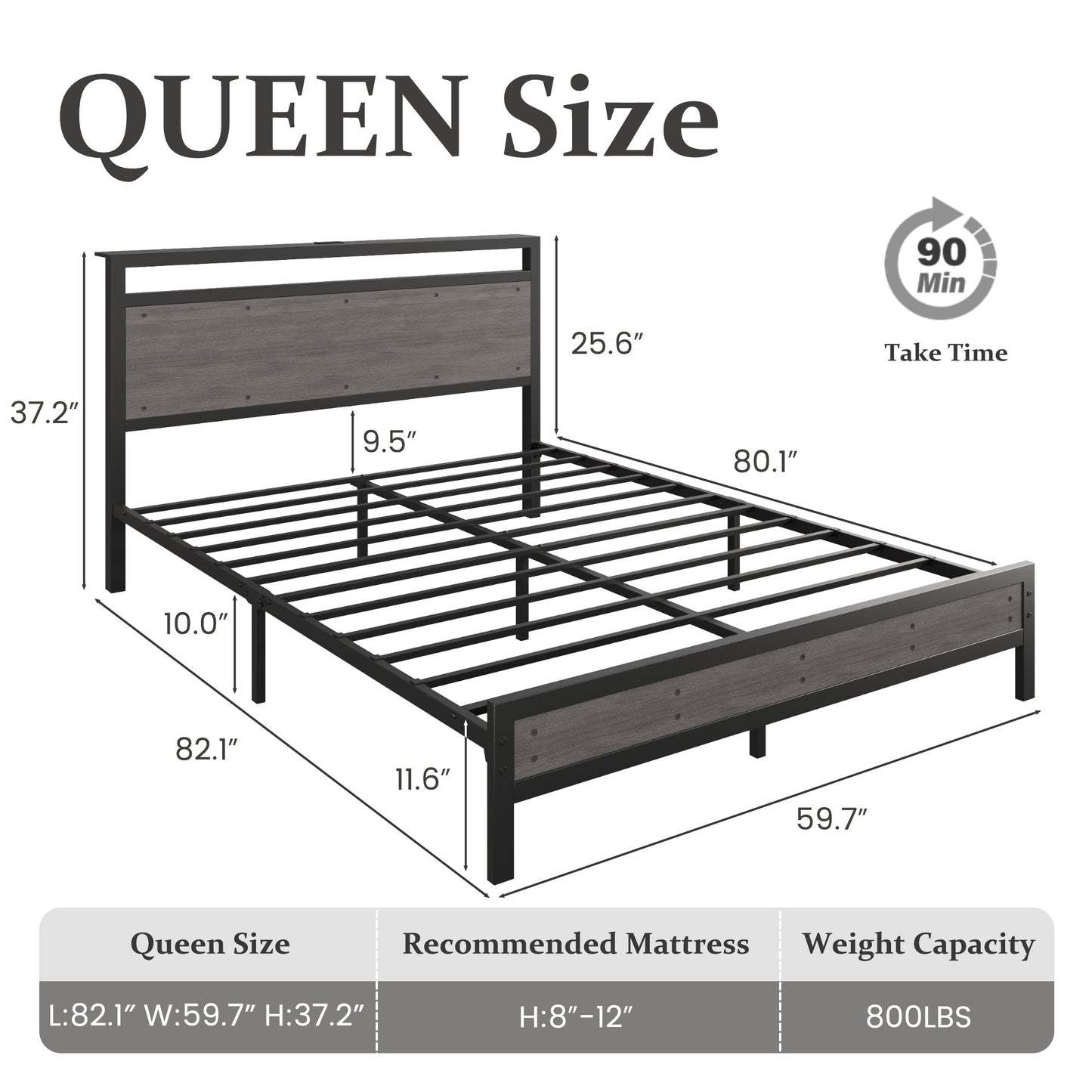 Fluest Iron Wood Bed Frame, USB Port, LED Headboard, Noise-Free,Queen, Grey