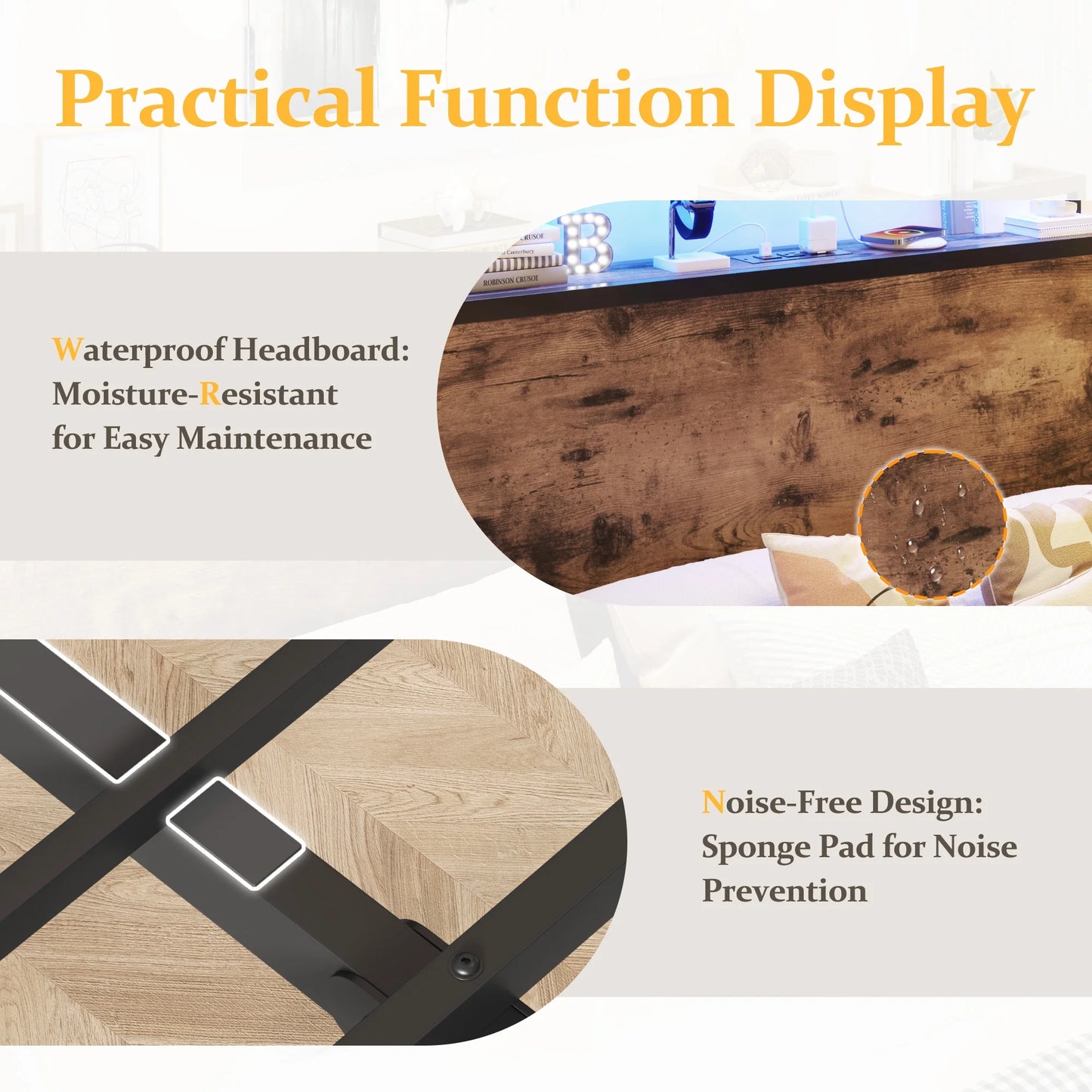 Fluest Twin Bed Frame with 2-Tier Storage Headboard, USB Port and LED Light, 4 Storage Drawers, Brown