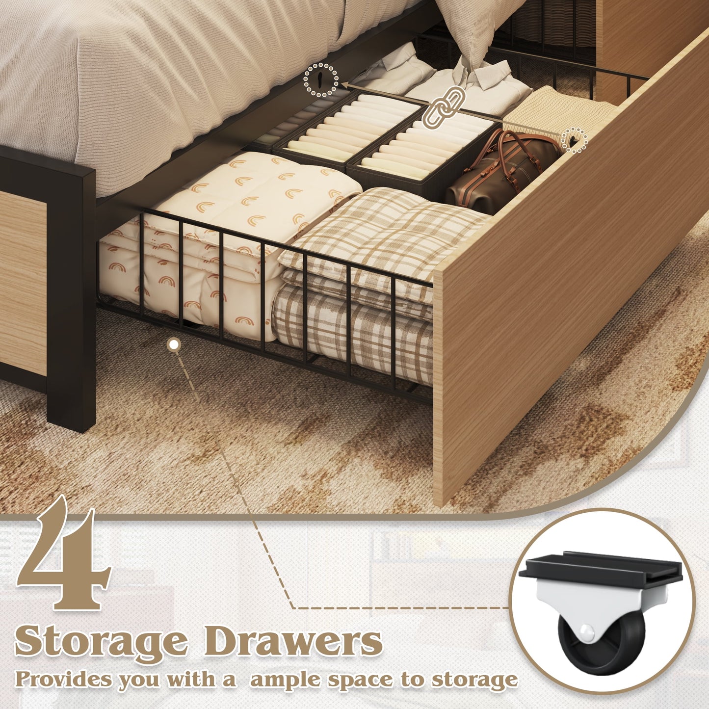 Fluest Full Bed Frame with 2-Tier Storage Headboard, USB Port and LED Light, 4 Storage Drawers, Begie