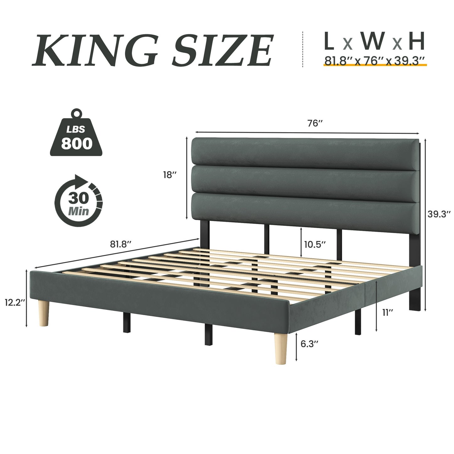 Fluest King Bed Frame with Velvet Upholstered Headboard, Metal Support and No Box Spring
