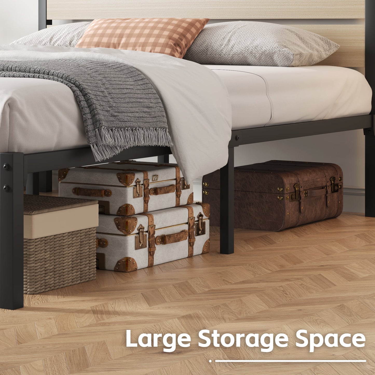 Fluest Queen Size Bed Frame with Headboard and Footboard,Metal Support,No Box Spring Needed, Begie