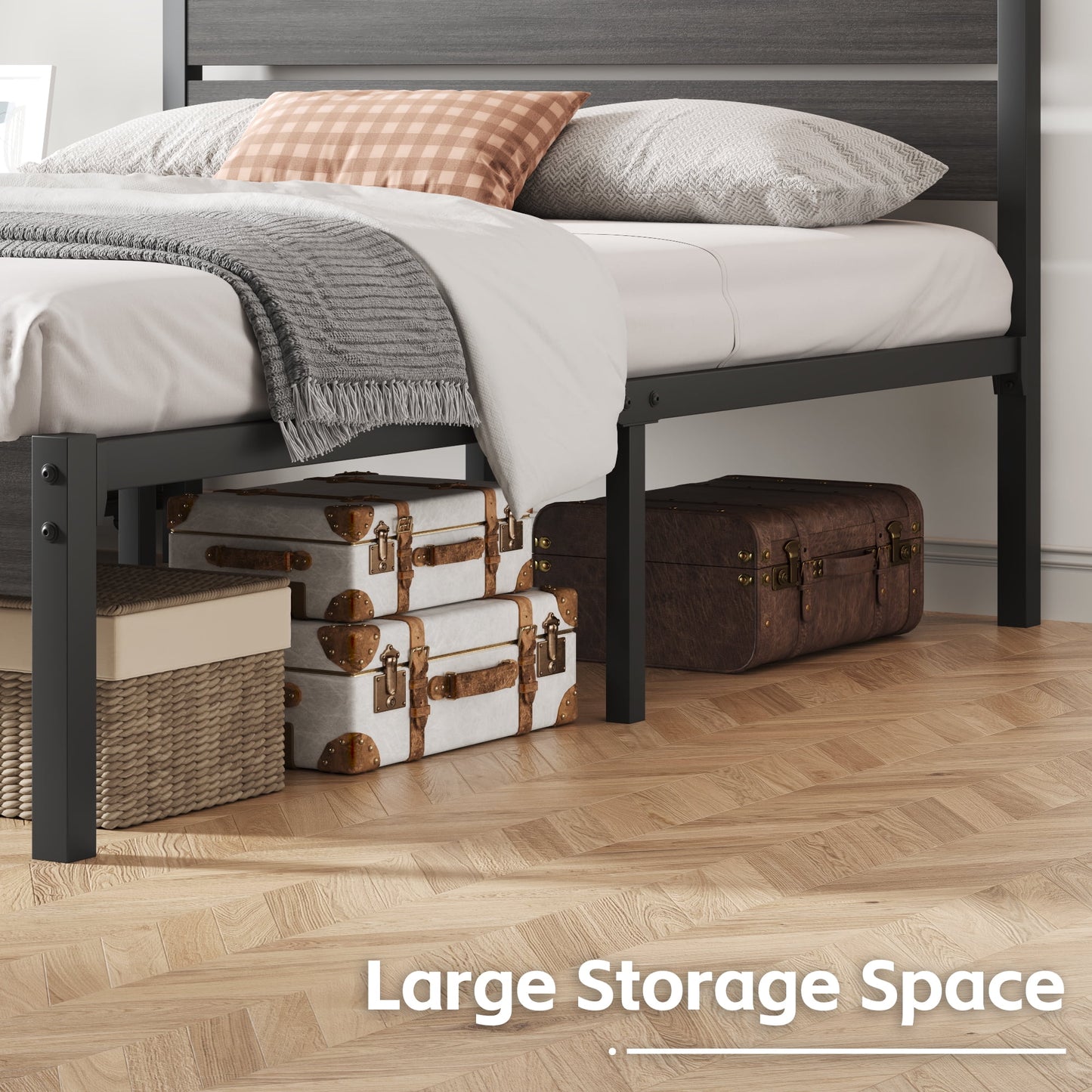 Fluest Full Size Bed Frame with Headboard and Footboard,Metal Support,No Box Spring Needed, Gray