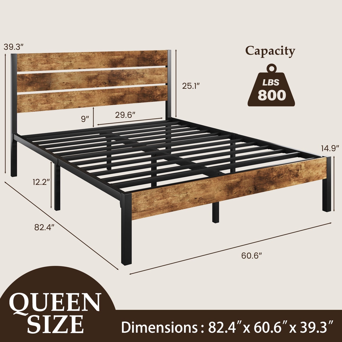 Fluest Queen Size Bed Frame with Headboard and Footboard,Metal Support,No Box Spring Needed, Rustic Brown