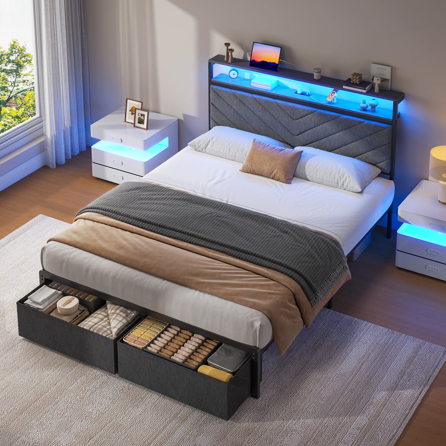 Full bed frame with charging station, LED lights, and storage drawers, with soft cushioned headboard, under bed storage space, easy to install, gray