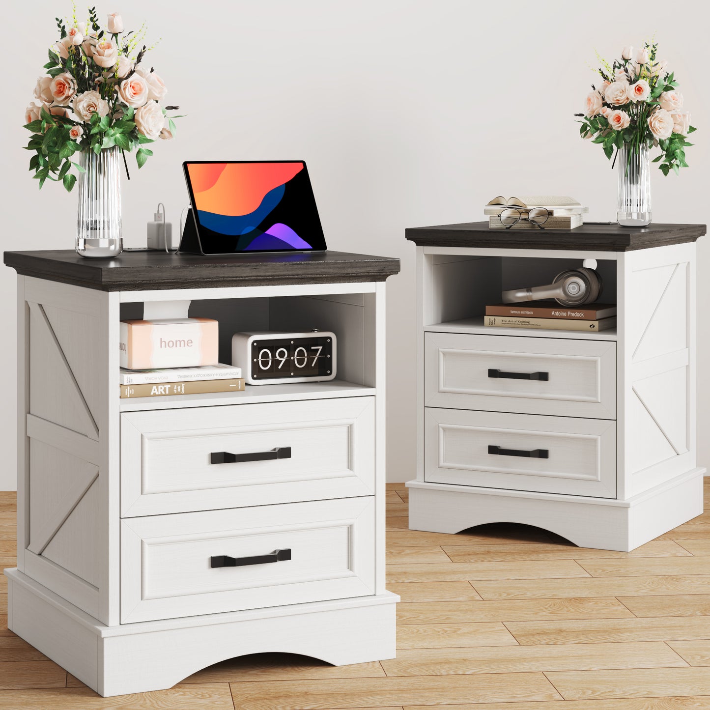 Fluest 24” Tall Farmhouse Nightstands, Night Stands with Charging Station, Beside Tables with Drawers and Open Storage, Rustic End Tables for Bedroom, Antique White/Black