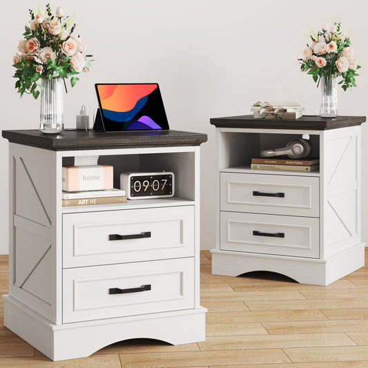 Fluest 24” Tall Farmhouse Nightstands, Night Stands with Charging Station, Beside Tables with Drawers and Open Storage, Rustic End Tables for Bedroom, Antique White/Black