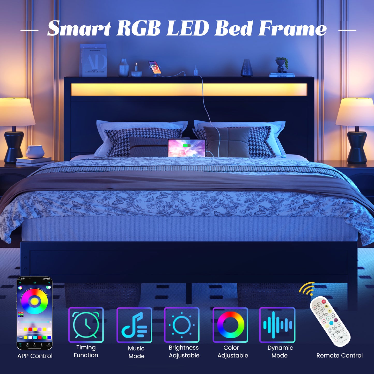 Fluest Queen Bed Frame with Headboard & Footboard, Bed Frame with Built-in Charging Station & LED Light, Storage Shelf, Noise-Free, No Box Spring Needed, Easy Assembly