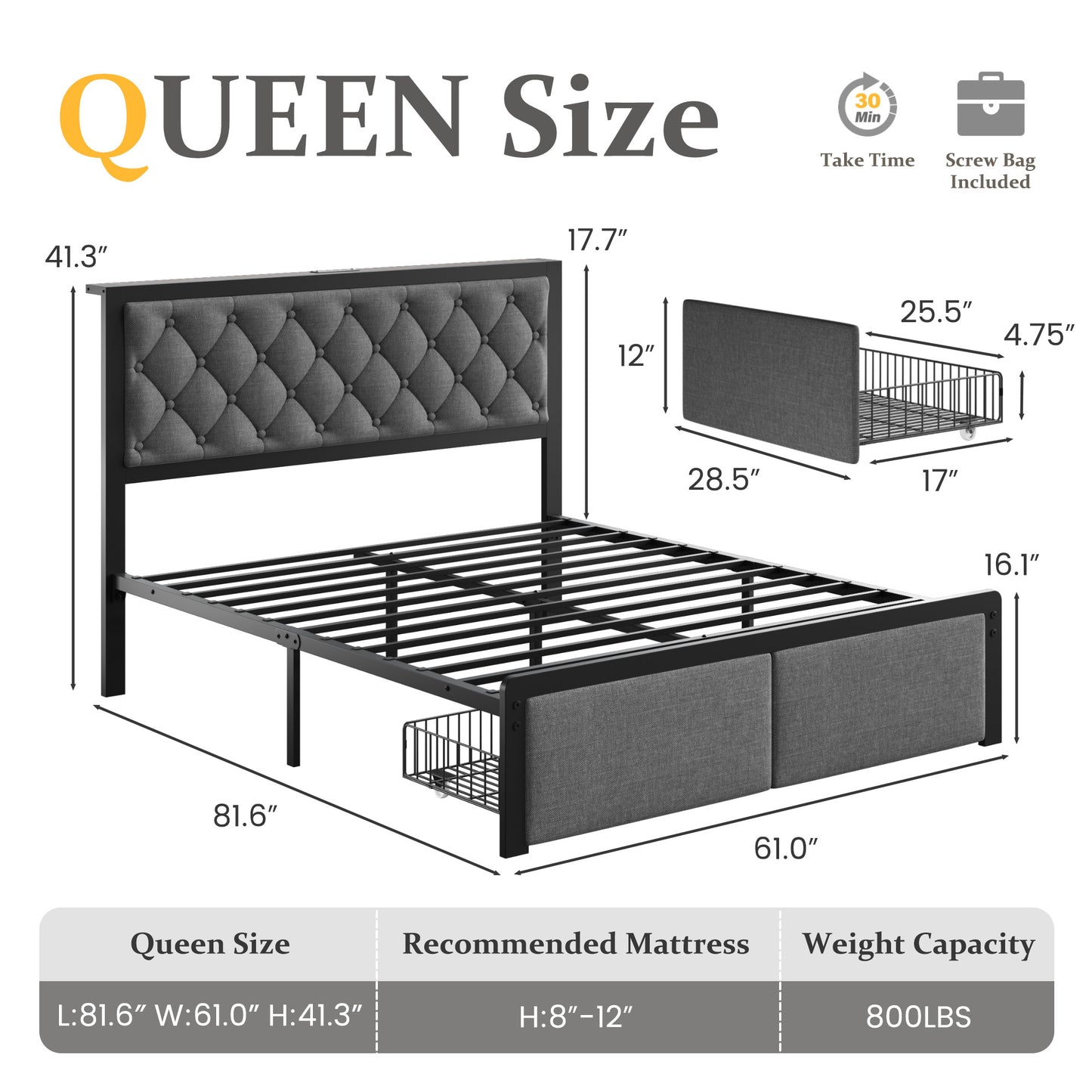 Fluest Bed Frame with Linen Upholstered Headboard, Lockable Storage, Queen Size, Gray