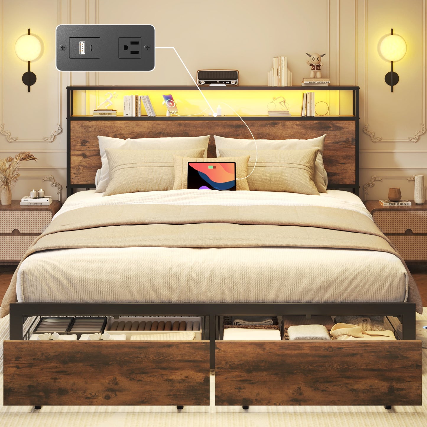 Fluest Queen Bed Frame with 2-Tier Storage Headboard, Metal Bed Frame with Storage Drawers & Built-in Charging Station & LED, Noise-Free, No Box Spring Needed, Easy Assembly, Retro Brown