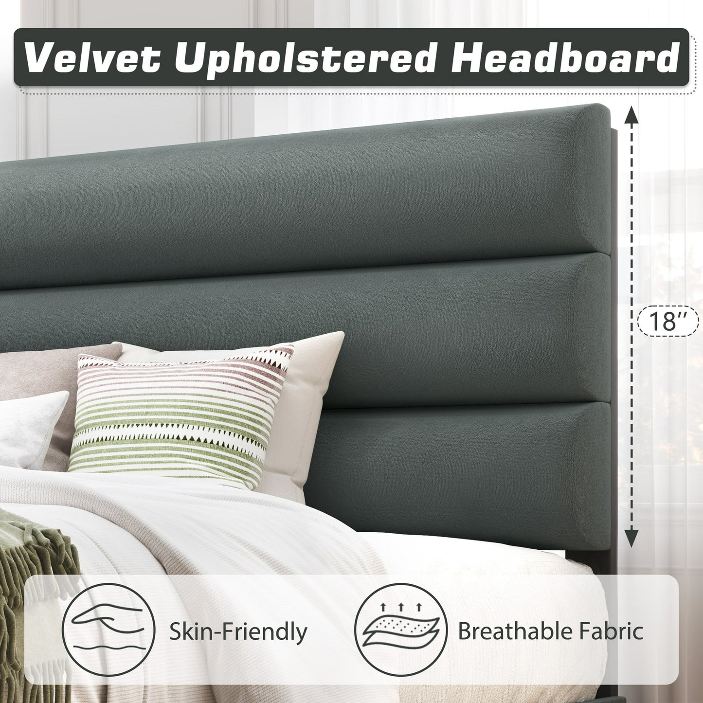 Fluest King Bed Frame with Velvet Upholstered Headboard, Metal Support and No Box Spring