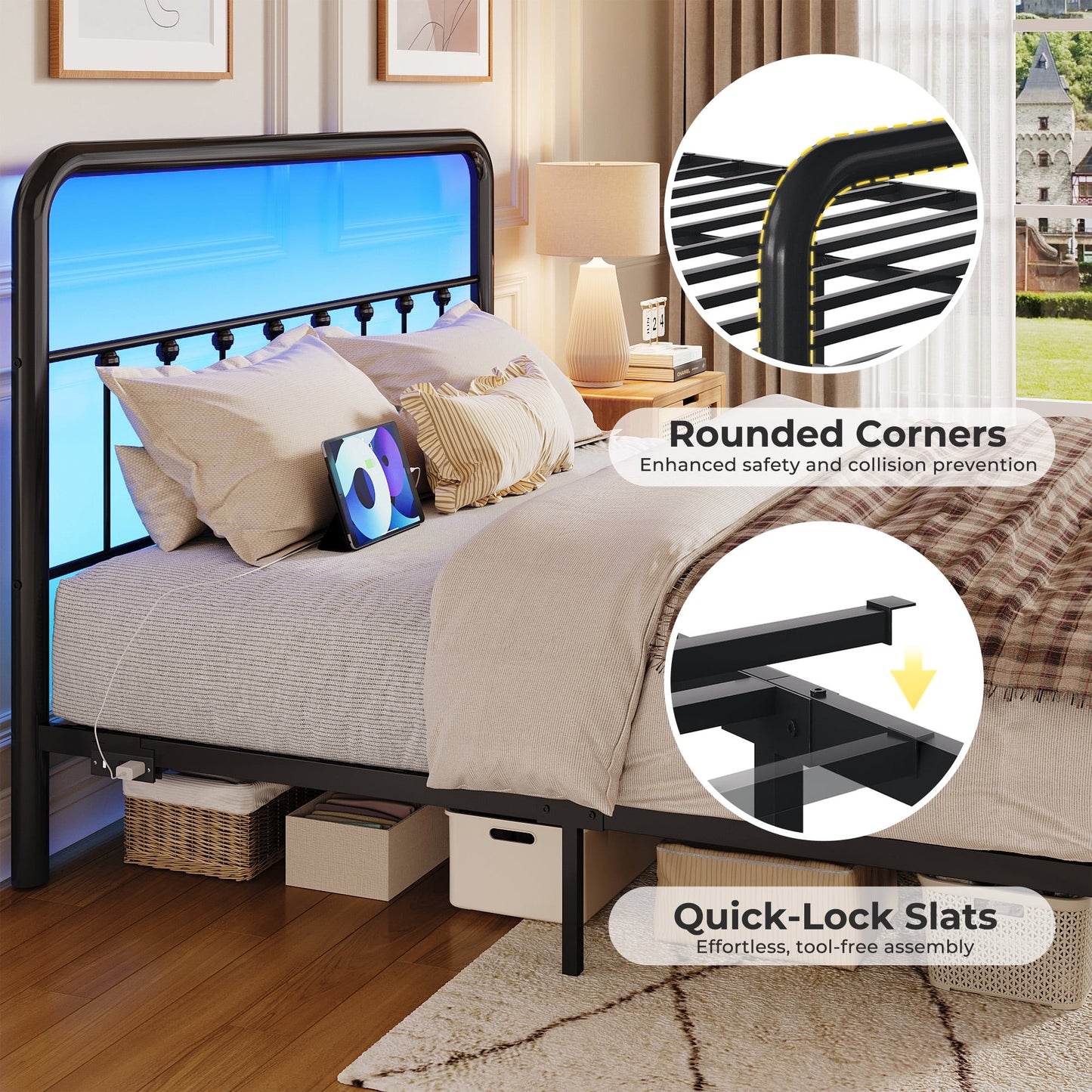 Fluest Queen Metal Platform Bed Frame with Charging Station and LED, Classic Headboard, No Box Spring Required, Modern Black
