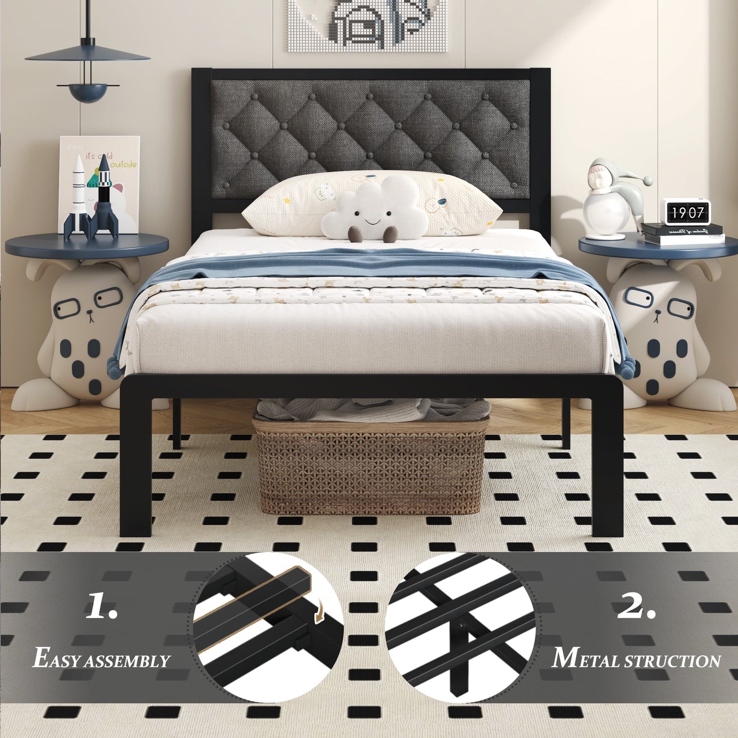 Bed Frame with Headboard Linen Upholstered, All Metal Slats Support Platform, Twin, Grey