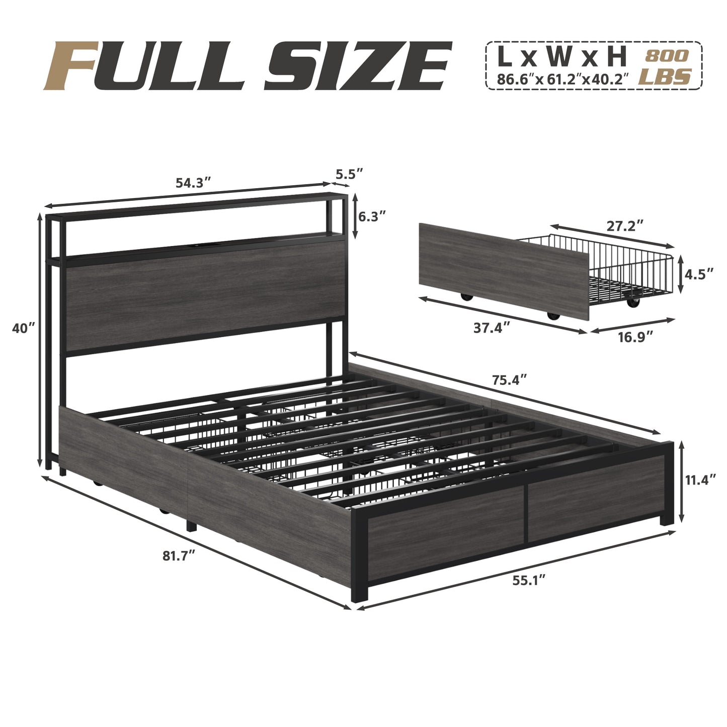 Fluest Full Bed Frame with 2-Tier Storage Headboard, USB Port and LED Light, 4 Storage Drawers, Grey