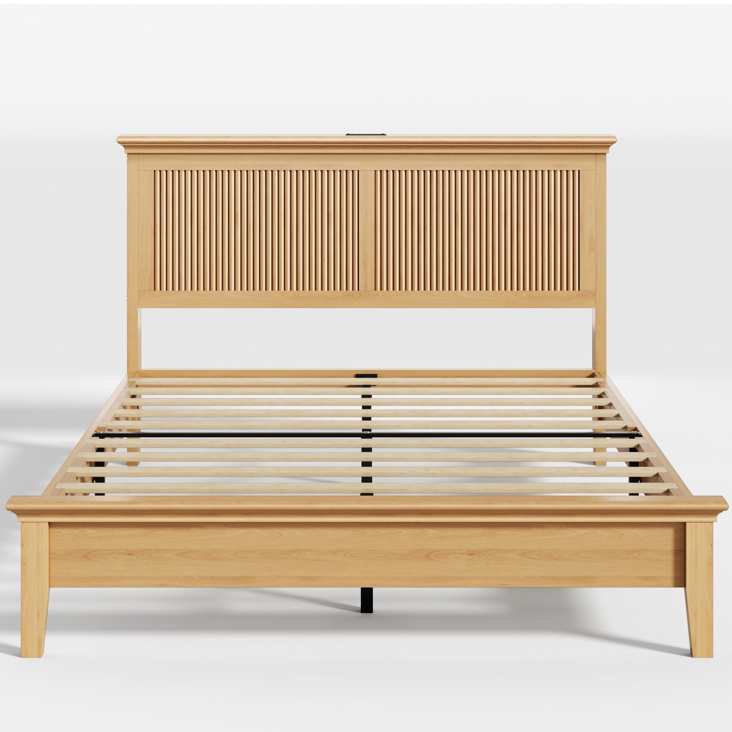 Solid Wood Queen Bed Frame, Platform Bed with High Headboard and Charging Station, Natural